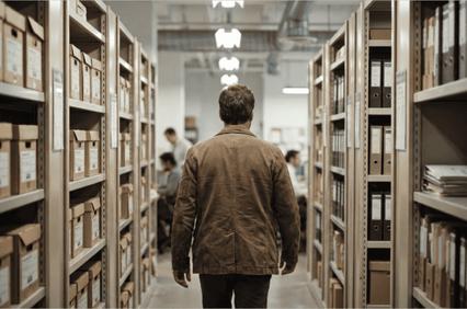 A person walking through an archive filled with file boxes.