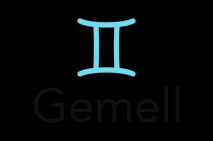 A graphic of the Gemini zodiac sign symbol in light blue on a black background, with the word 'Gemelli' beneath it.