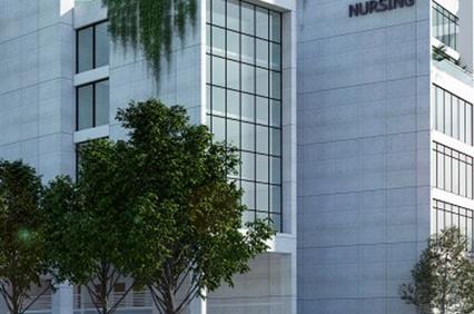 Architectural rendering of the Grameen Caledonian College of Nursing building, featuring modern design and green walls.