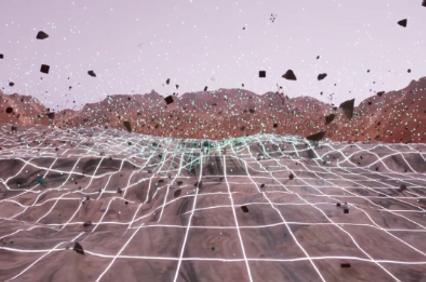 A surreal landscape featuring a grid pattern over rocky terrain with floating particles.