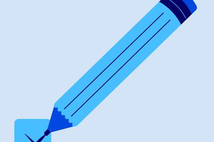 A blue pencil drawing a check mark inside a small box.