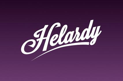 The image features the stylized text 'Helardy' in a white cursive font against a purple background.