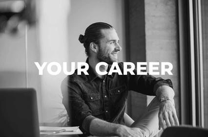 A smiling man in a denim shirt seated at a desk with the words 'YOUR CAREER' superimposed in the foreground.