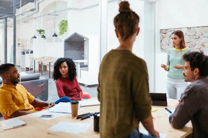 A diverse group of professionals having a meeting in a modern office setting