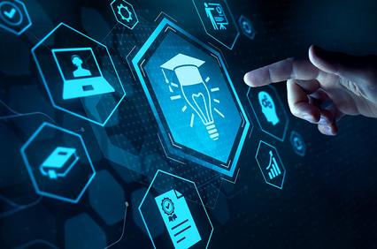 A hand interacting with digital icons representing technology and education.