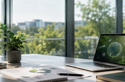 A modern workspace featuring a laptop and a plant, with a view of greenery outside.