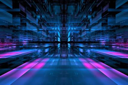 A futuristic abstract representation of digital technology with vibrant blue and pink colors.