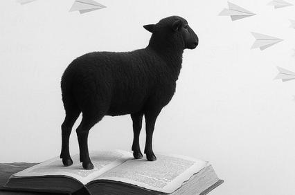 A black sheep stands on an open book with paper airplanes in the background.