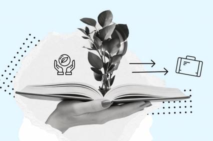 A hand holding an open book with a plant growing from it, symbolizing growth and knowledge.