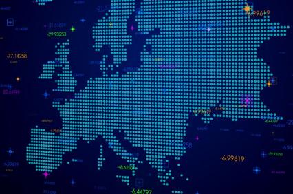 A digital map of Europe represented with dot patterns and numerical values.