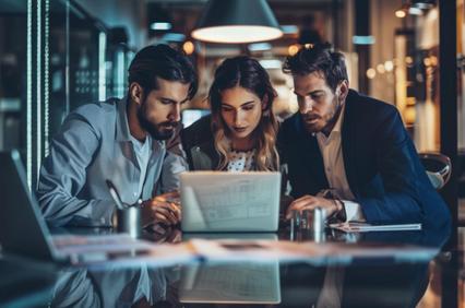 Three professionals are collaborating closely around a laptop in a modern office environment.
