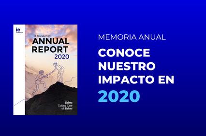 The image showcases the cover of an annual report for 2020 from IE Foundation.