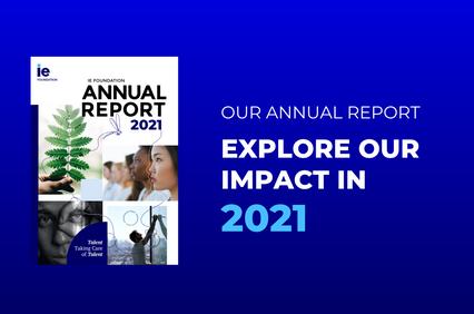 This image showcases the cover of the IE Foundation's Annual Report for 2021.