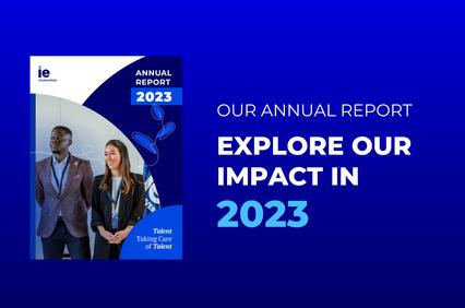 This image features the cover of an annual report for 2023 from an institution, highlighting its impact and focus on talent.