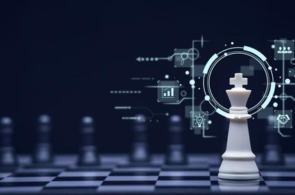 A conceptual image of a chess piece with digital elements representing strategy and technology.