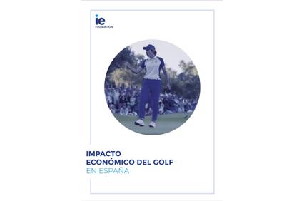 A promotional image featuring a female golfer in action, overlaid with text about the economic impact of golf in Spain.