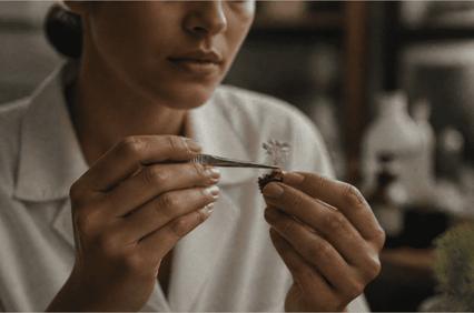 A woman carefully examines a small plant while using tweezers.