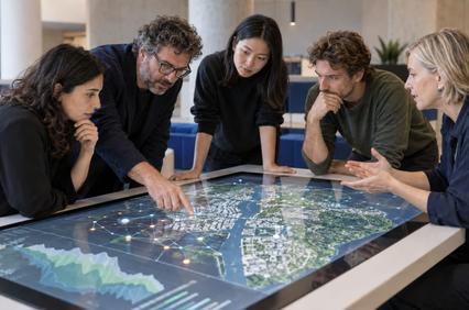 A group of five people are gathered around a digital map, discussing and pointing at various locations.