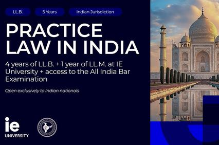 A promotional image for a law program in India featuring the Taj Mahal in the background.