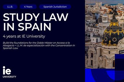 A promotional image for studying law at IE University in Spain.