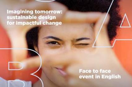 A young person is squinting and smiling, framed by text about a sustainable design event.