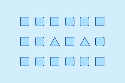 A blue background with a set of geometric shapes, including squares and triangles arranged in rows.