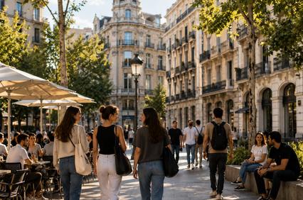 A lively urban street scene with people walking and dining under sunlight.