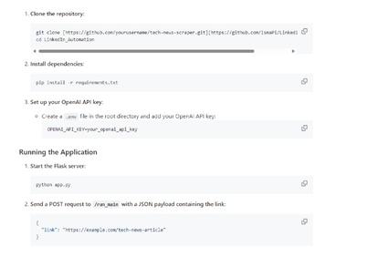 The image shows a set of instructions on how to install and run a technology project, including commands for cloning a repository, installing dependencies, setting up API keys, and running a server with Python and Flask.