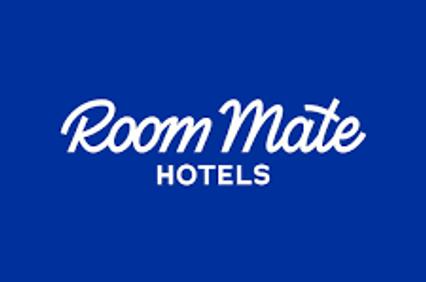 This image features the logo of Room Mate Hotels on a blue background.