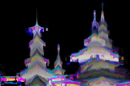 An abstract, glitchy depiction of tall structures with colorful distortions against a dark background.