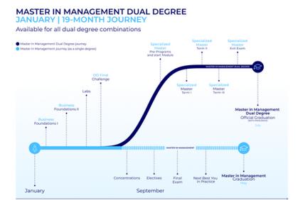 A graph illustrating the journey of a dual degree program in management over 19 months.