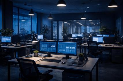An empty office space with multiple computer desks and a dark ambiance.