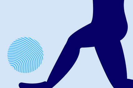 A silhouette of a person kicking a ball against a light blue background.