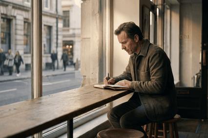 A man sits by a window writing in a notebook.