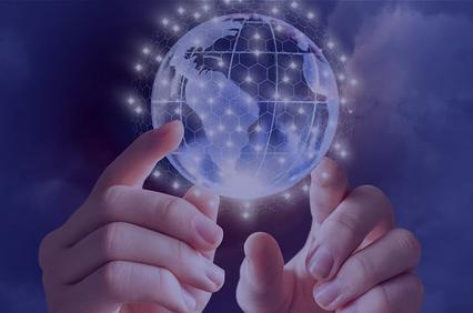 A pair of hands holding a glowing globe that represents a digital world.