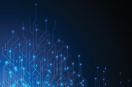 A digital abstract design featuring blue circuit patterns on a dark background.
