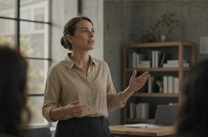 A woman is speaking confidently in front of an audience in a modern office setting.
