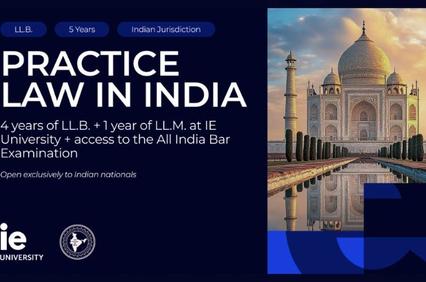 An advertisement for a legal education program in India featuring the Taj Mahal.