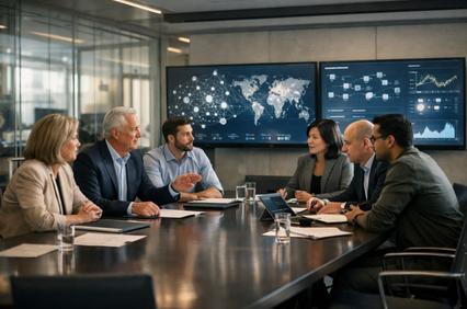 A diverse group of professionals engaged in a discussion during a business meeting.