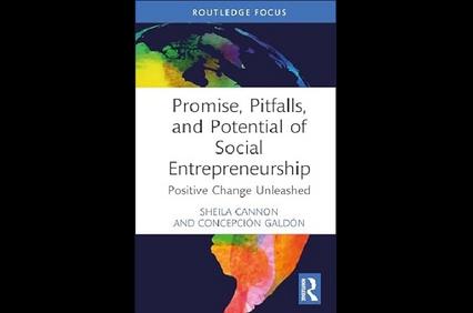 Cover of the book titled 'Promise, Pitfalls, and Potential of Social Entrepreneurship' by Sheila Cannon and Concepción Galdón, featuring a colorful graphic of the Earth.