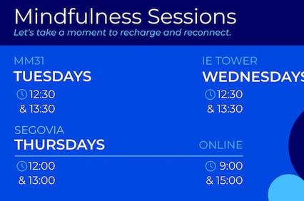 A promotional image for Mindfulness Sessions listing session times and locations for different weekdays.