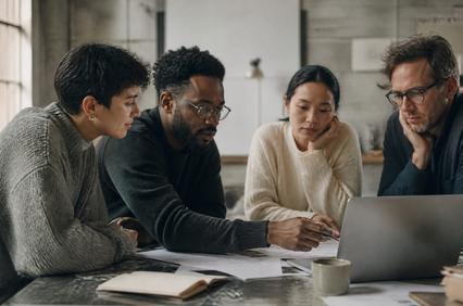 A diverse group of four people collaborating over a laptop at a table.
