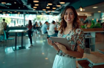 A woman smiling while holding a tablet in a modern café setting.