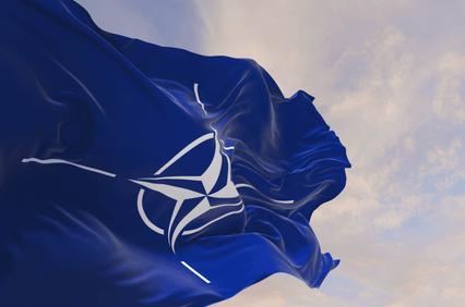 A blue flag with a white emblem of NATO waving against a cloudy sky.
