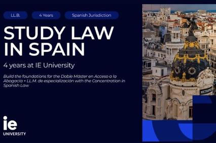 A promotional image for a law program in Spain at IE University.