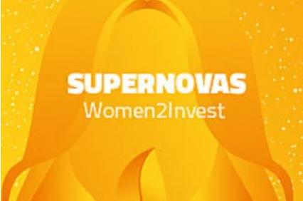 Graphic design featuring a stylized female silhouette with flowing hair on a vibrant orange background, highlighted by the text 'SUPERNOVAS Women2Invest'.