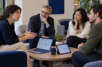 A group of four people engaged in a discussion around a coffee table with laptops.
