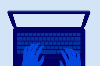 A minimalist illustration of hands typing on a laptop keyboard.
