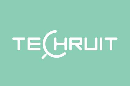 A minimalist logo design featuring the word 'TECHRUIT' in white on a light green background.