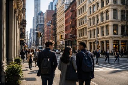 A group of people walking down a busy street in New York City on a sunny day.